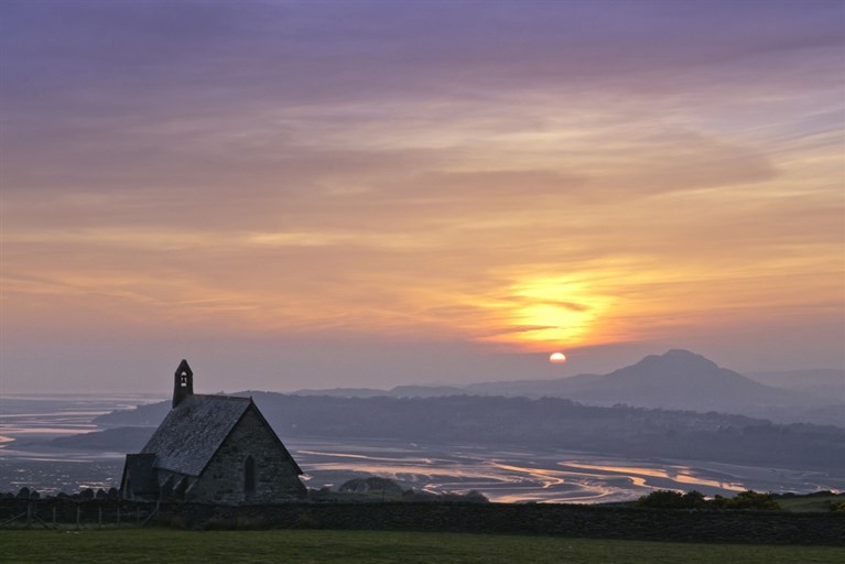 Llandecwyn church and Dwyryd estuary at sunset, Llyn Peninsula