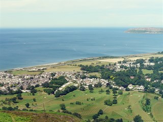 Aerial view over Tyddyn Llan Caravan park, Dwygyfylchi, Conwy