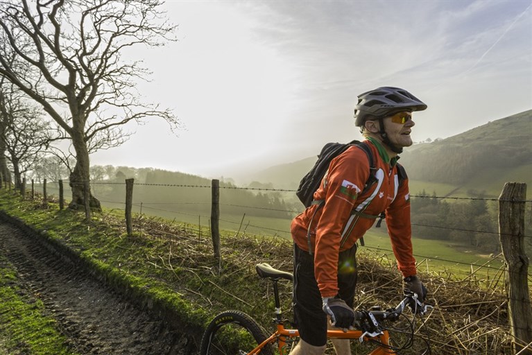 Mountain bikers on Loop de Loop route, Clwydian Range