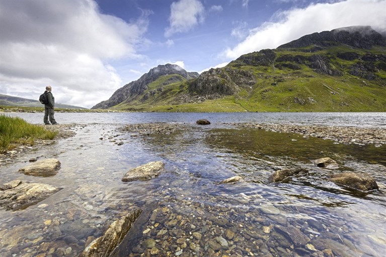 Walker on shore of Llyn Idwal Cwm Idwal Tryfan, Snowdonia