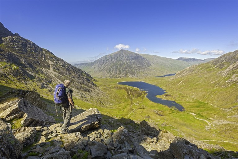 Walker on path down from devils Kitchen to Cwm Idwal, Snowdonia