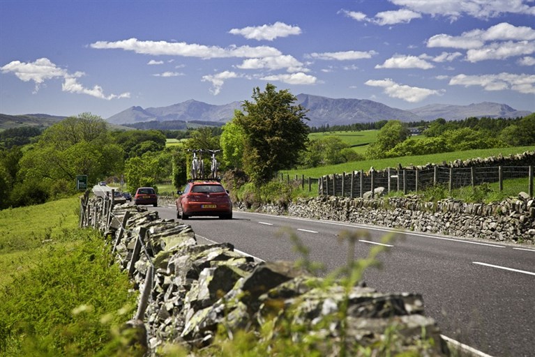 A5 road near Pentrefoelas with Moel Siabod and Snowdon in background